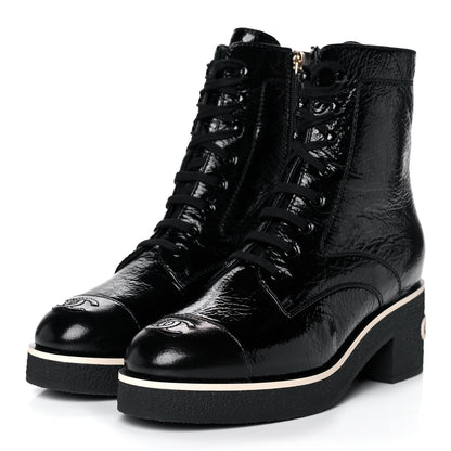 Chanel Shiny Crumpled Lambskin Lace Up Combat Boots 39.5 Black 3 of 10