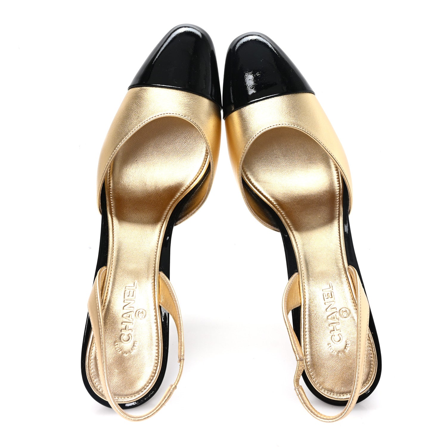 Chanel Laminated Lambskin Patent Cap Toe CC Apple Slingback Pumps 40 Gold Black 2 of 10