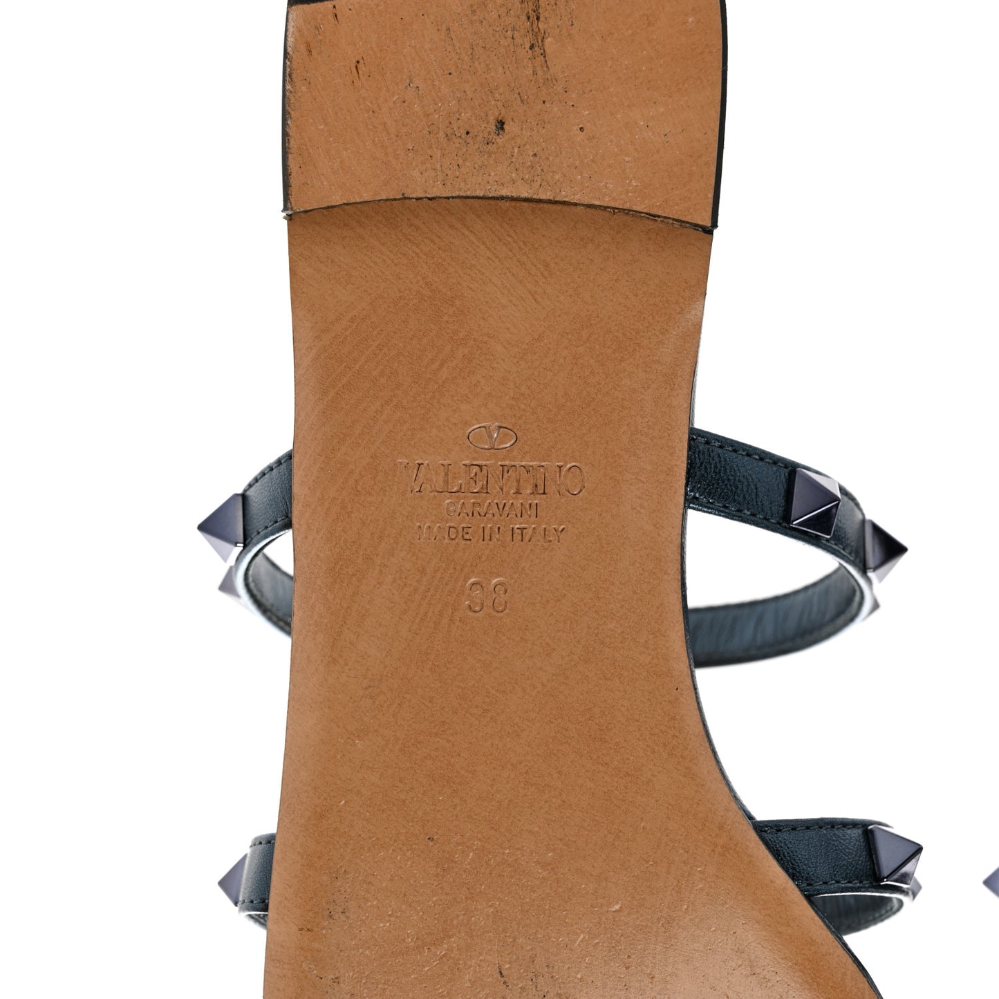 Metallic Calfskin Rockstud Caged Flat Slide Sandals 38 Marine