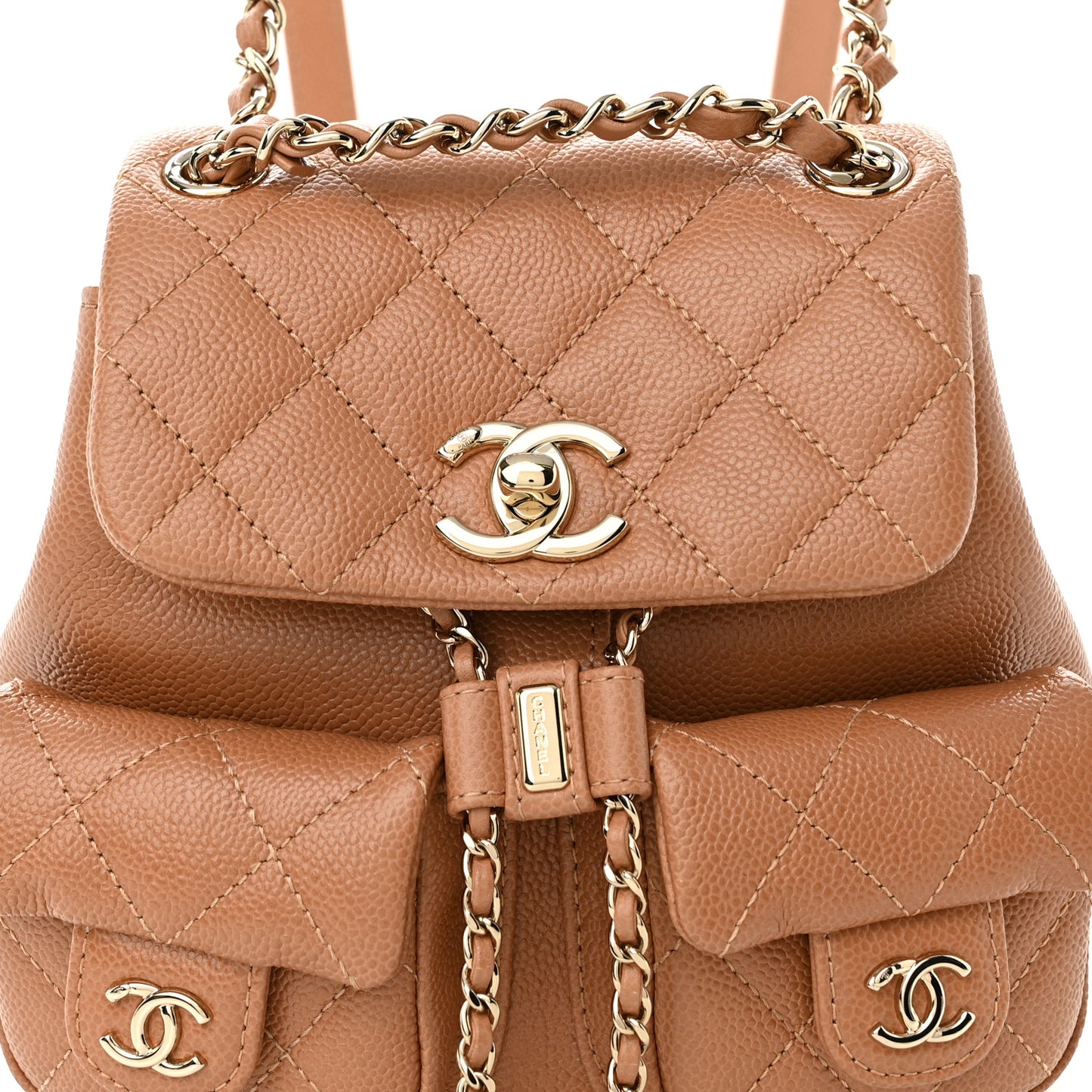 Shiny Caviar Quilted Small Duma Pockets Drawstring Backpack Dark Beige