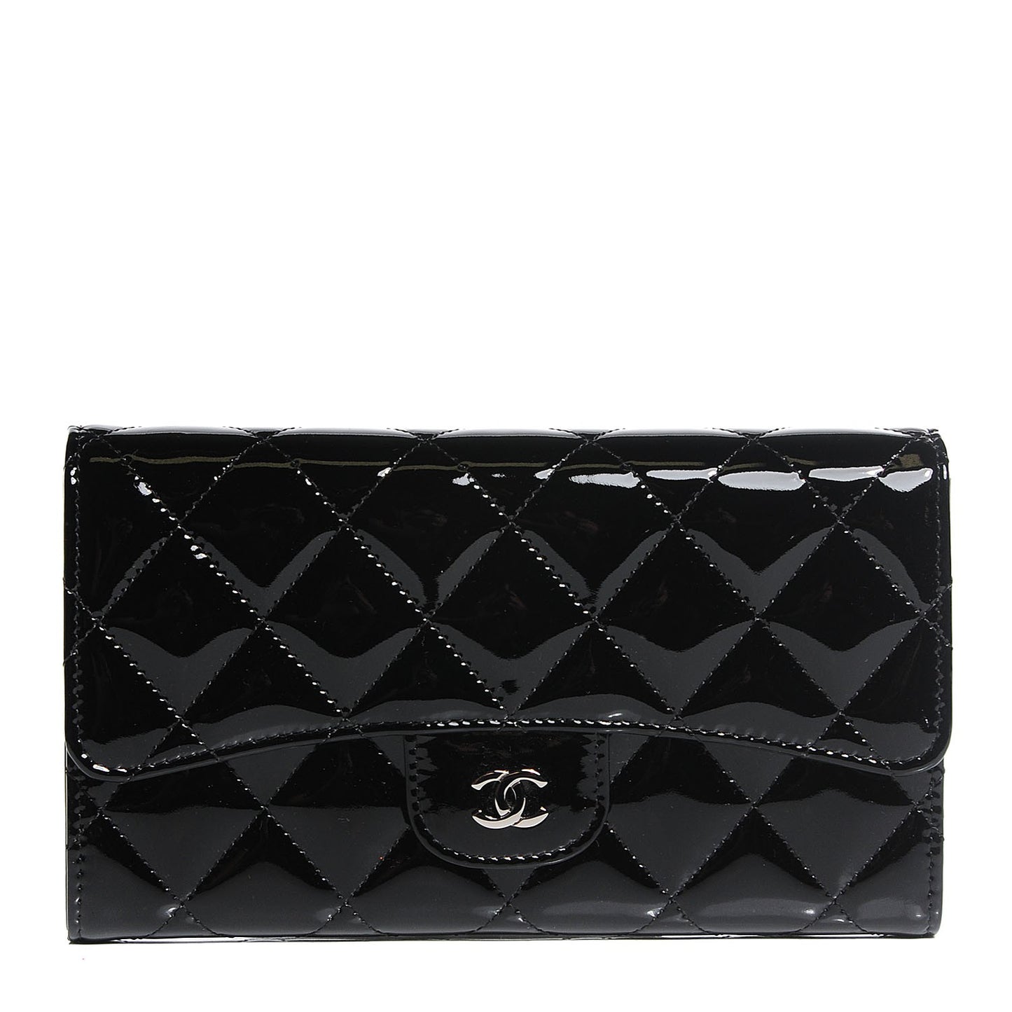 Patent Calfskin Quilted Large Flap Wallet Black