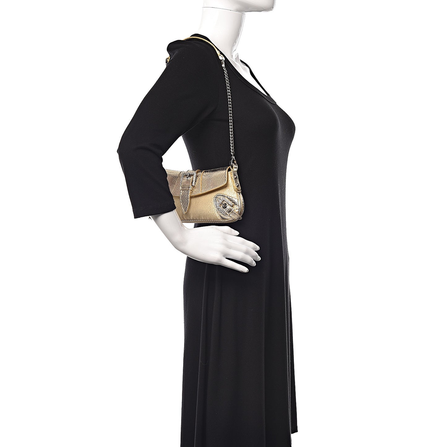 Snakeskin Jacquard Crystal Embellished Chain Clutch Gold