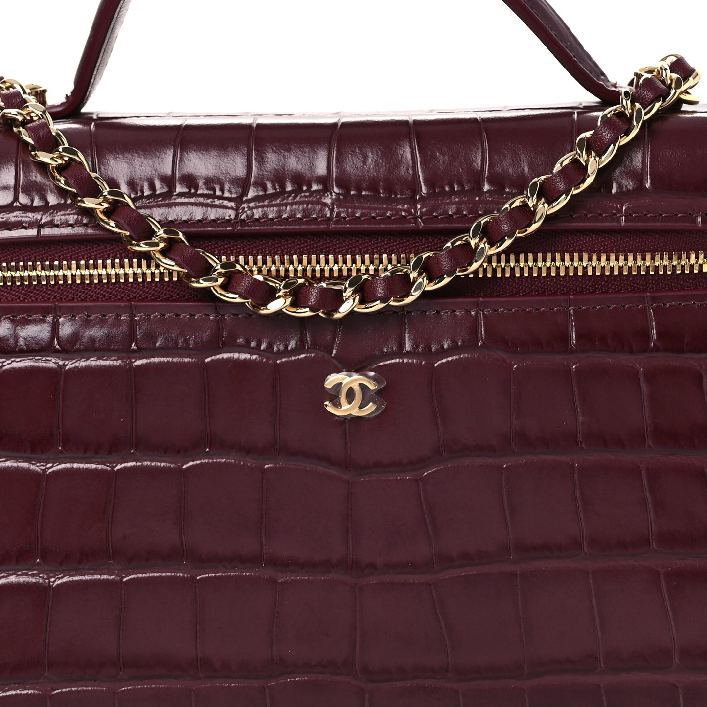 Calfskin Crocodile Embossed Top Handle Vanity Case With Chain  Burgundy