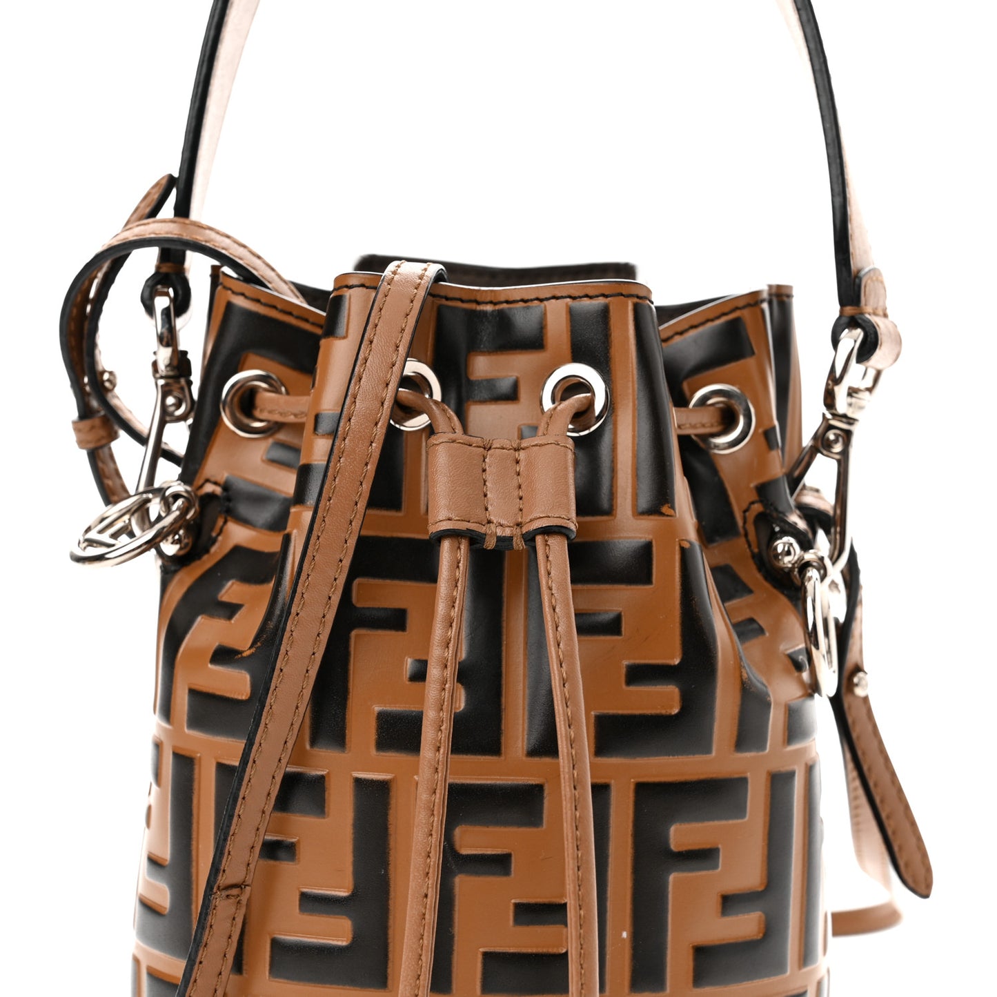 Vitello Liberty F is Fendi FF Embossed Mini Mon Tresor Bucket Bag Tobacco Black