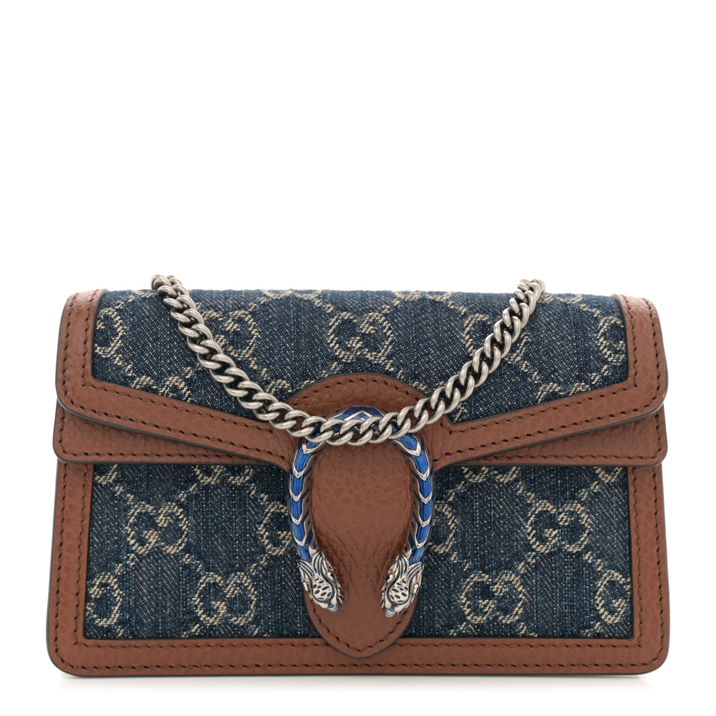 New Denim GG Monogram Dollar Calfskin Enamel Super Mini Dionysus Shoulder Bag Blue Tea Cuir Epilog Electric Blue