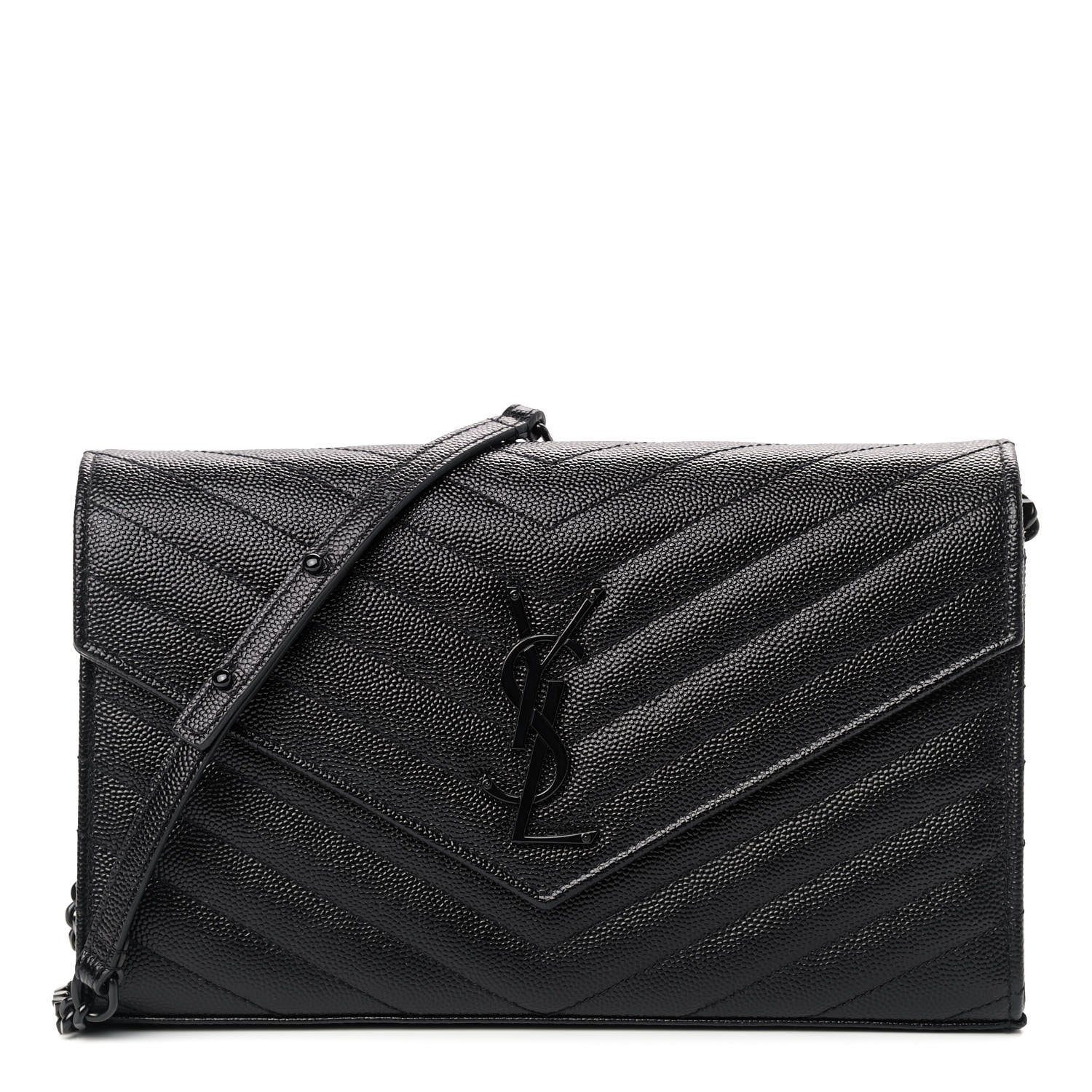 Saint Laurent Grain De Poudre Matelasse Chevron Monogram Chain Wallet Black 1 of 7
