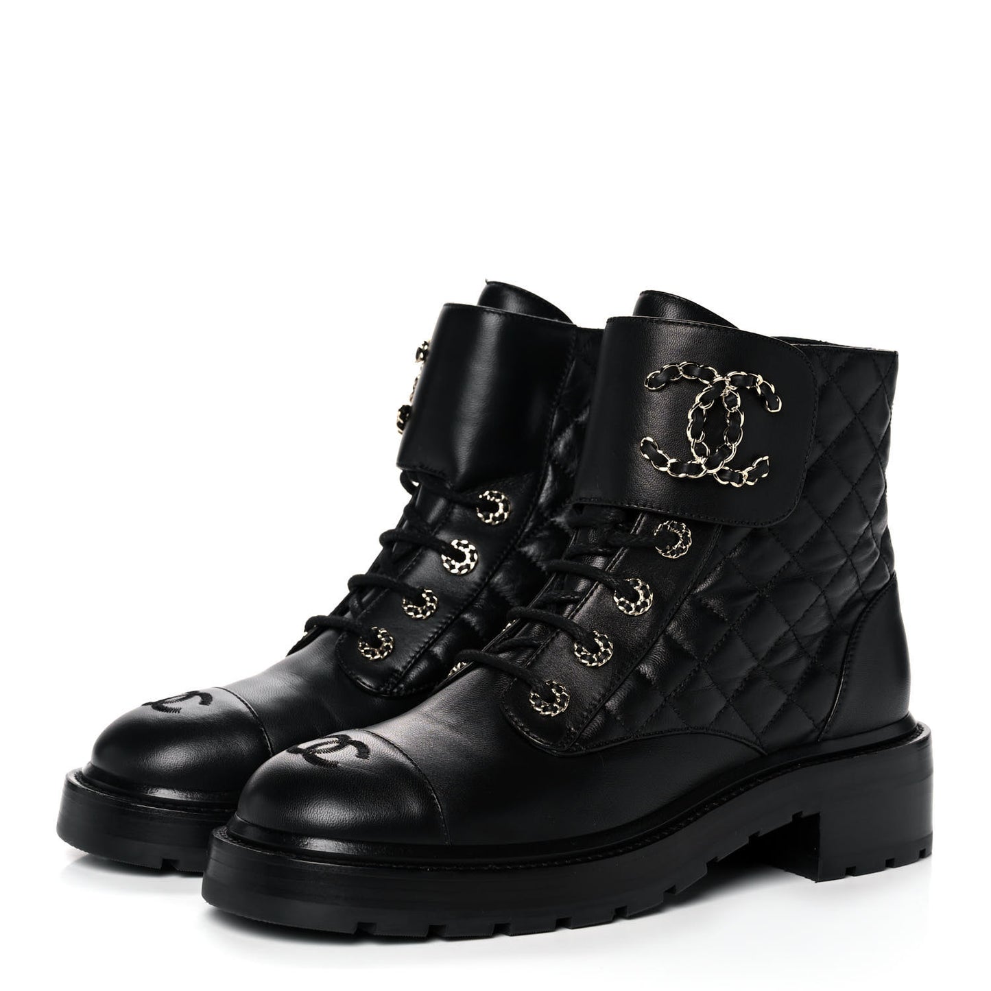 Shiny Lambskin Quilted Lace Up Combat Boots 39 Black