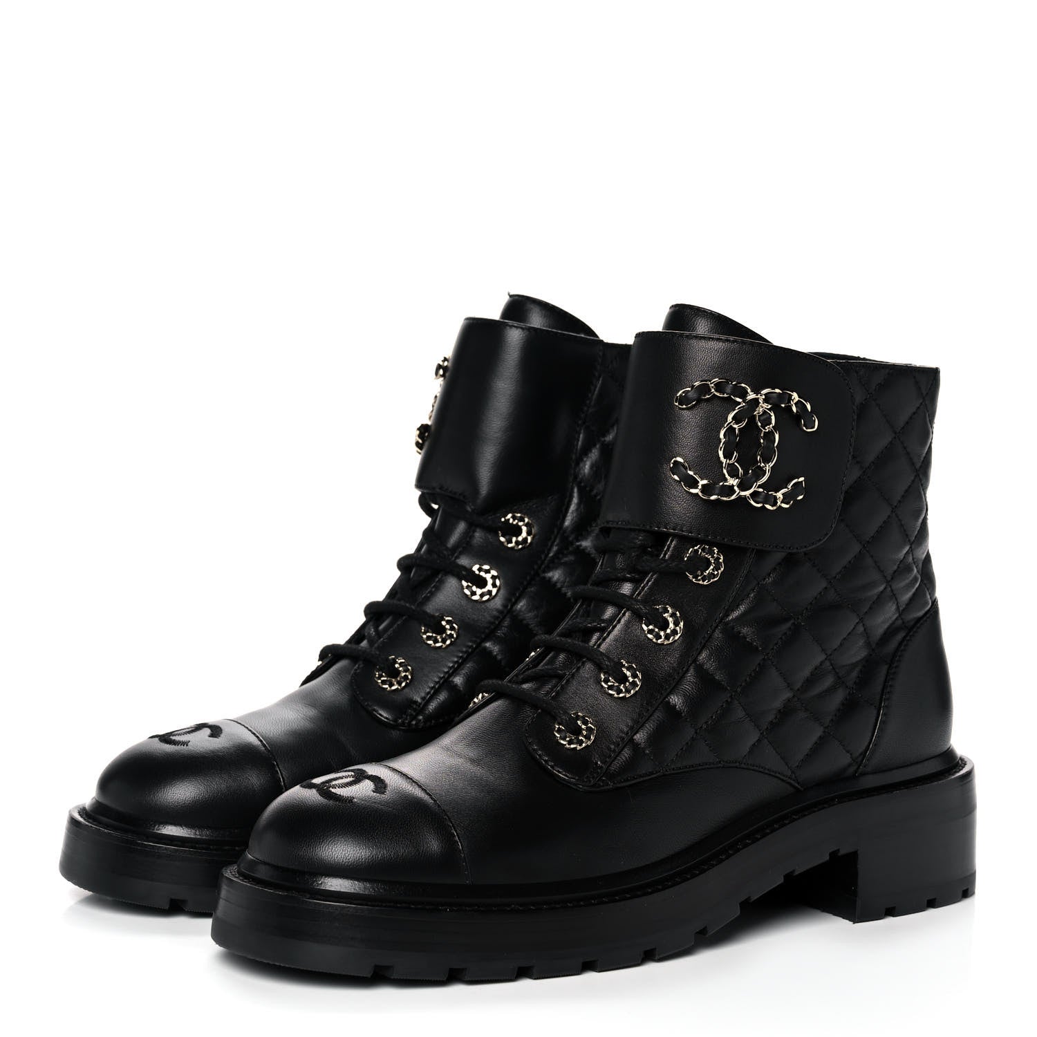 Chanel Shiny Lambskin Quilted Lace Up Combat Boots 39 Black 3 of 9