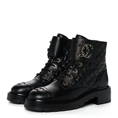 Chanel Shiny Lambskin Quilted Lace Up Combat Boots 39 Black 3 of 9