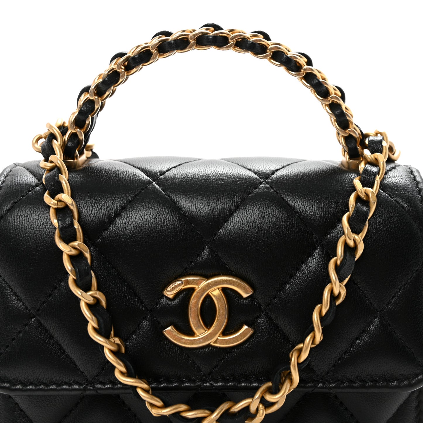 Lambskin Quilted Chain Top Handle Clutch With Chain Black