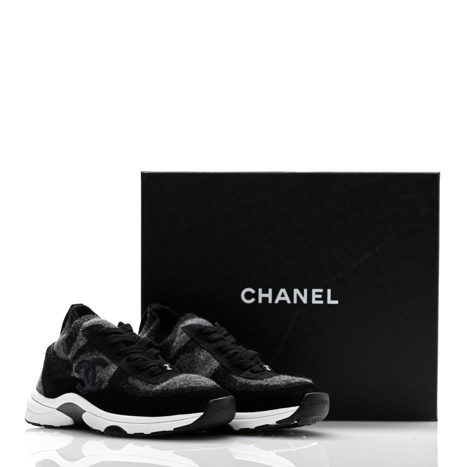 Chanel Knit Fabric Suede Calfskin Womens CC Sneakers 36 Grey Black 8 of 8