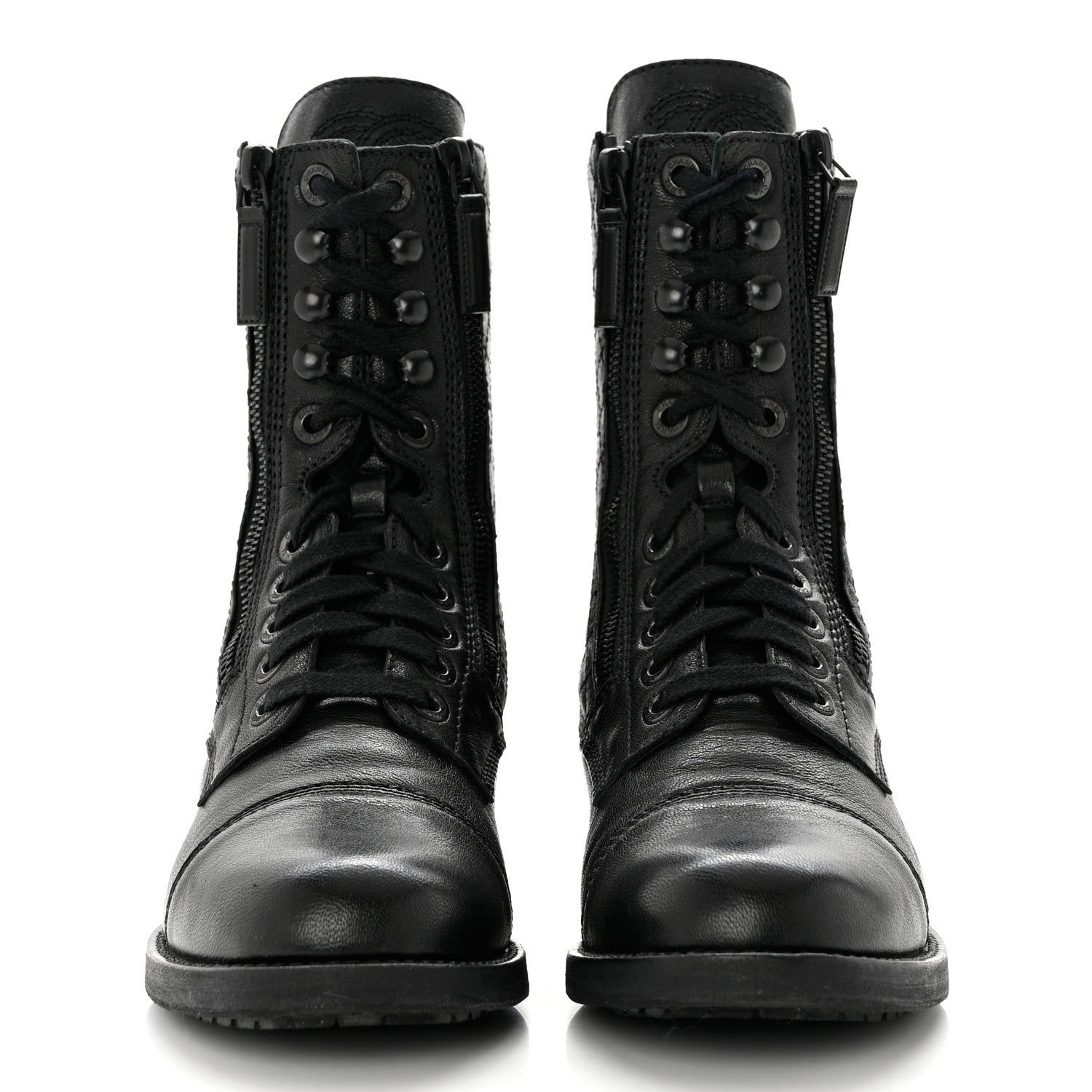 Chanel Sheepskin Quilted CC Tall Lace Up Combat Boots 37.5 Black 2 of 9