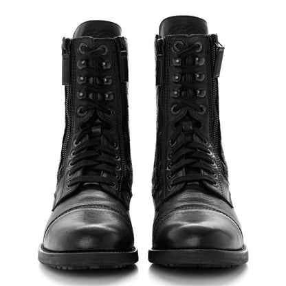 Chanel Sheepskin Quilted CC Tall Lace Up Combat Boots 37.5 Black 2 of 9
