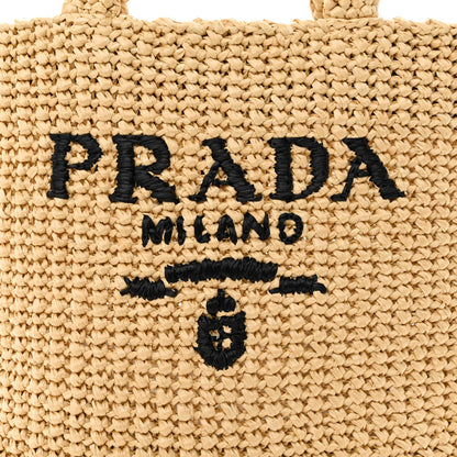 Prada Yarn Raffia Effect Crochet Embroidered Small Logo Tote Naturale 8 of 10