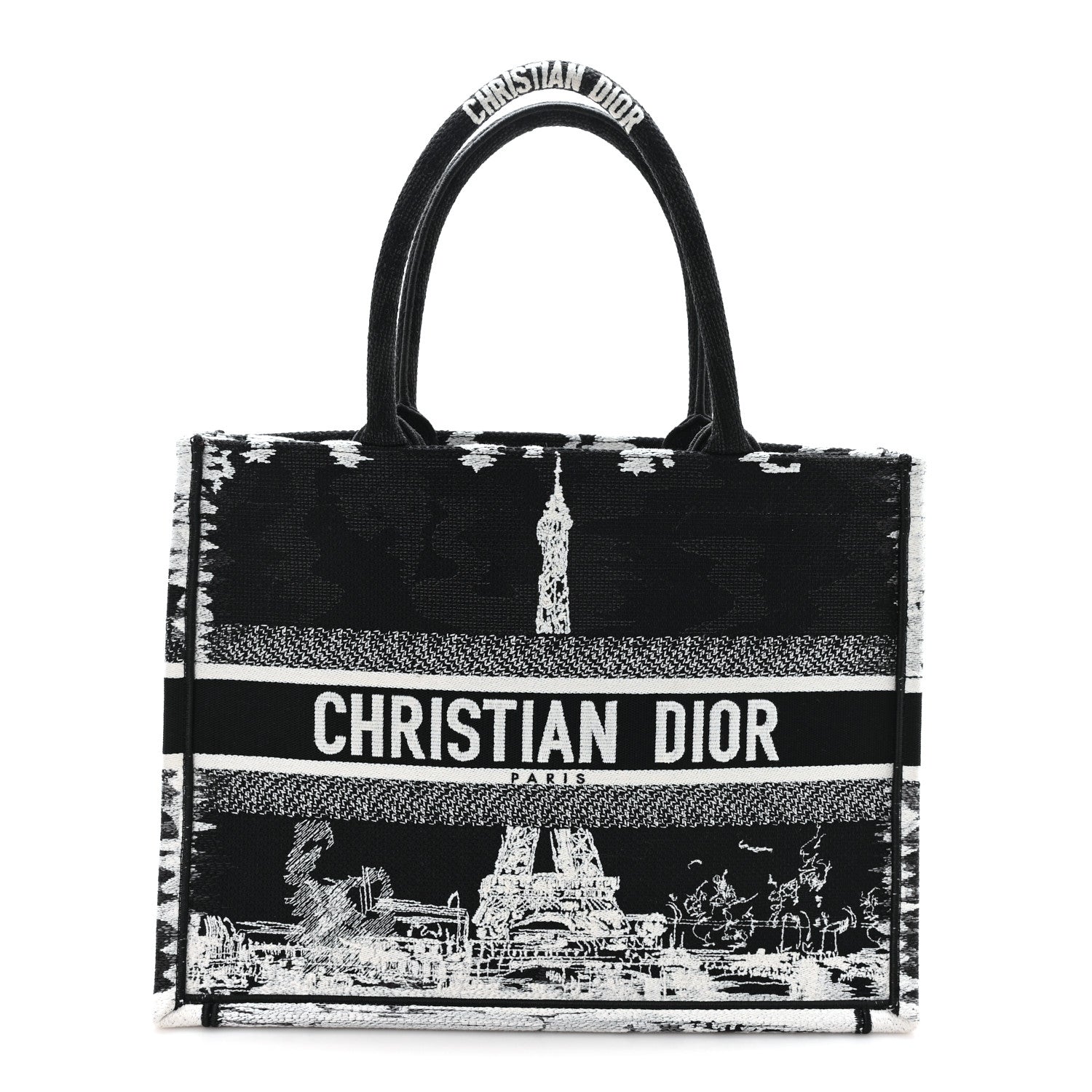 Christian Dior Canvas Embroidered Medium Paris Book Tote Black White 8 of 12