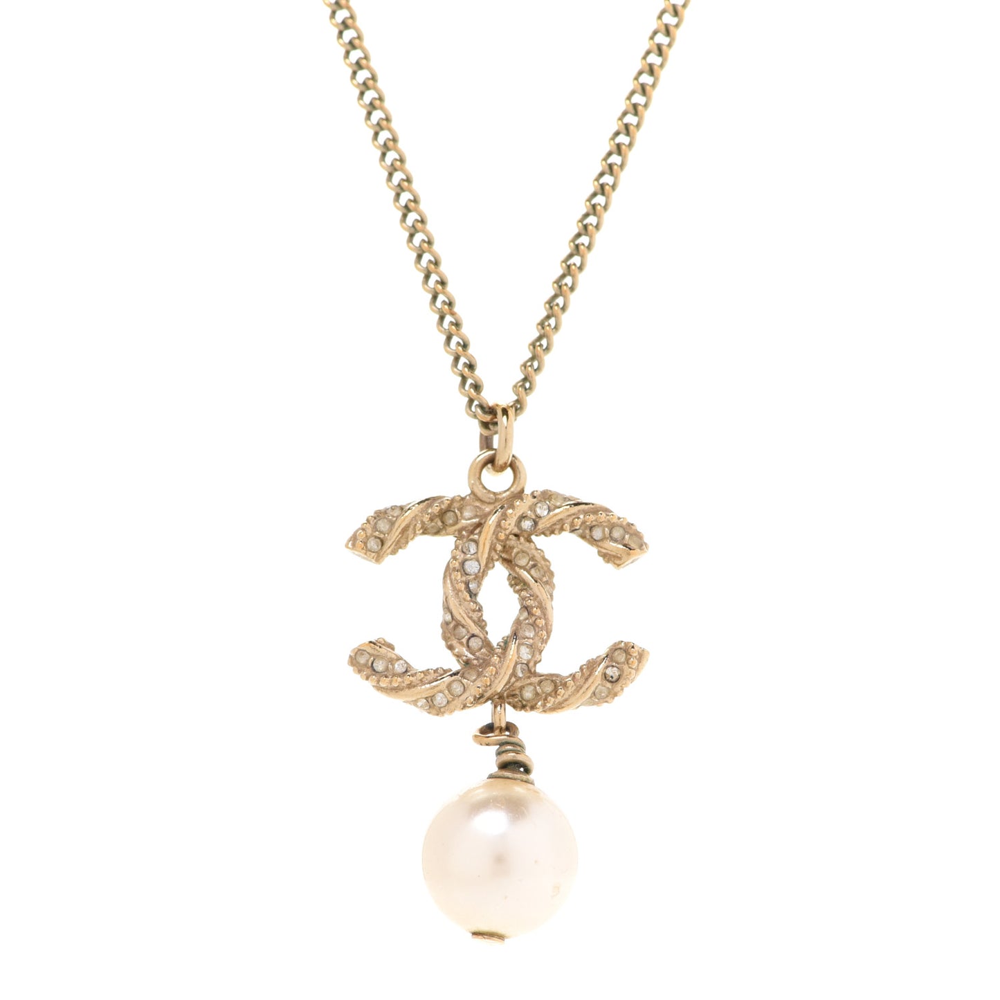 Crystal Pearl Twisted CC Pendant Necklace Gold