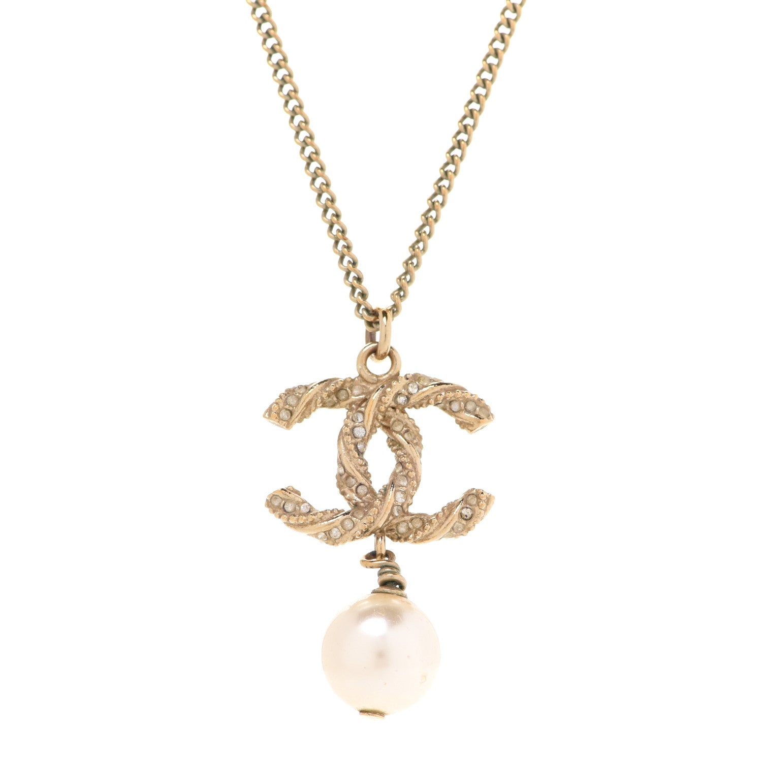 Chanel Crystal Pearl Twisted CC Pendant Necklace Gold 4 of 5