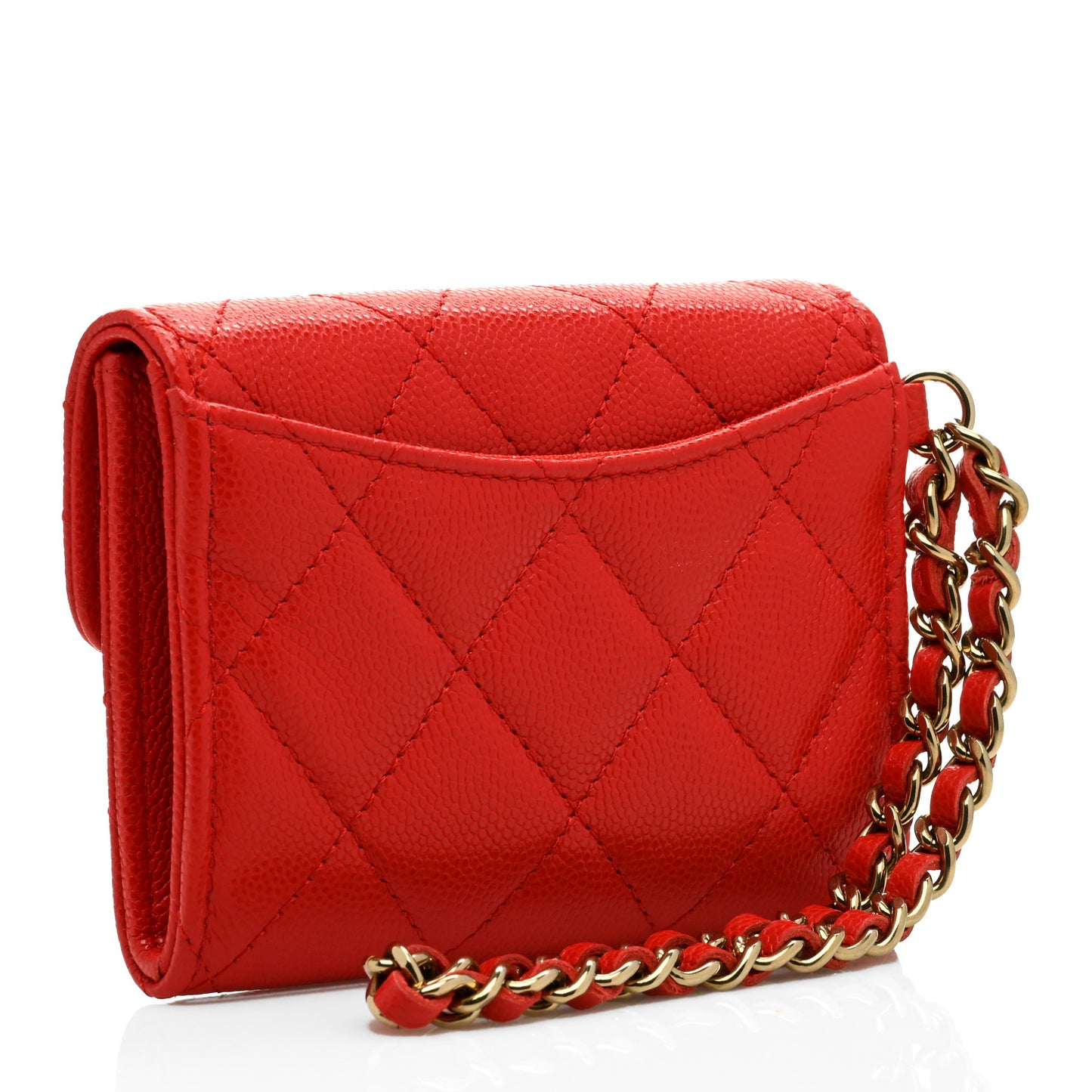 Caviar Quilted Flap Card Holder Chain Wristlet Red