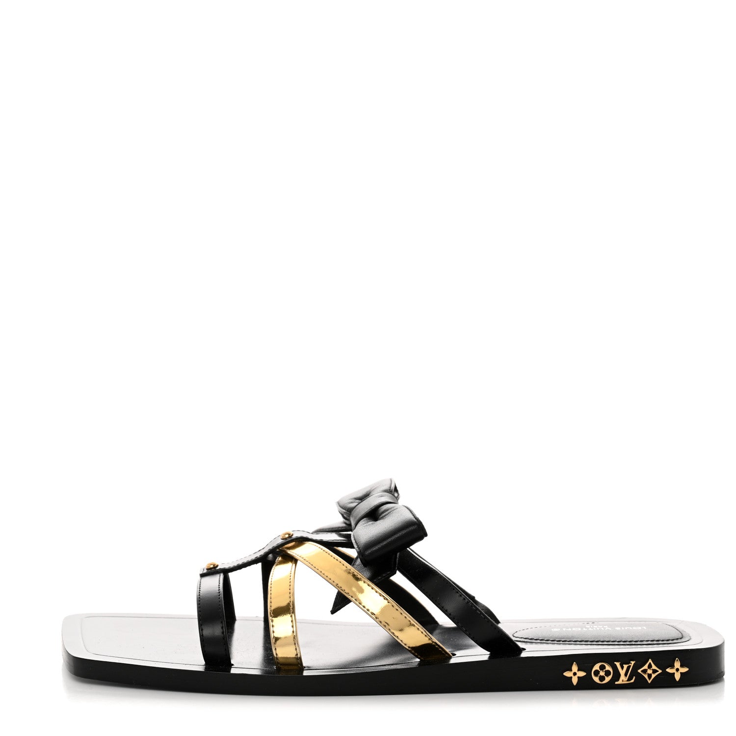 Louis Vuitton Metallic Calfskin Peplum Flat Sandals 39 Black Gold 1 of 8