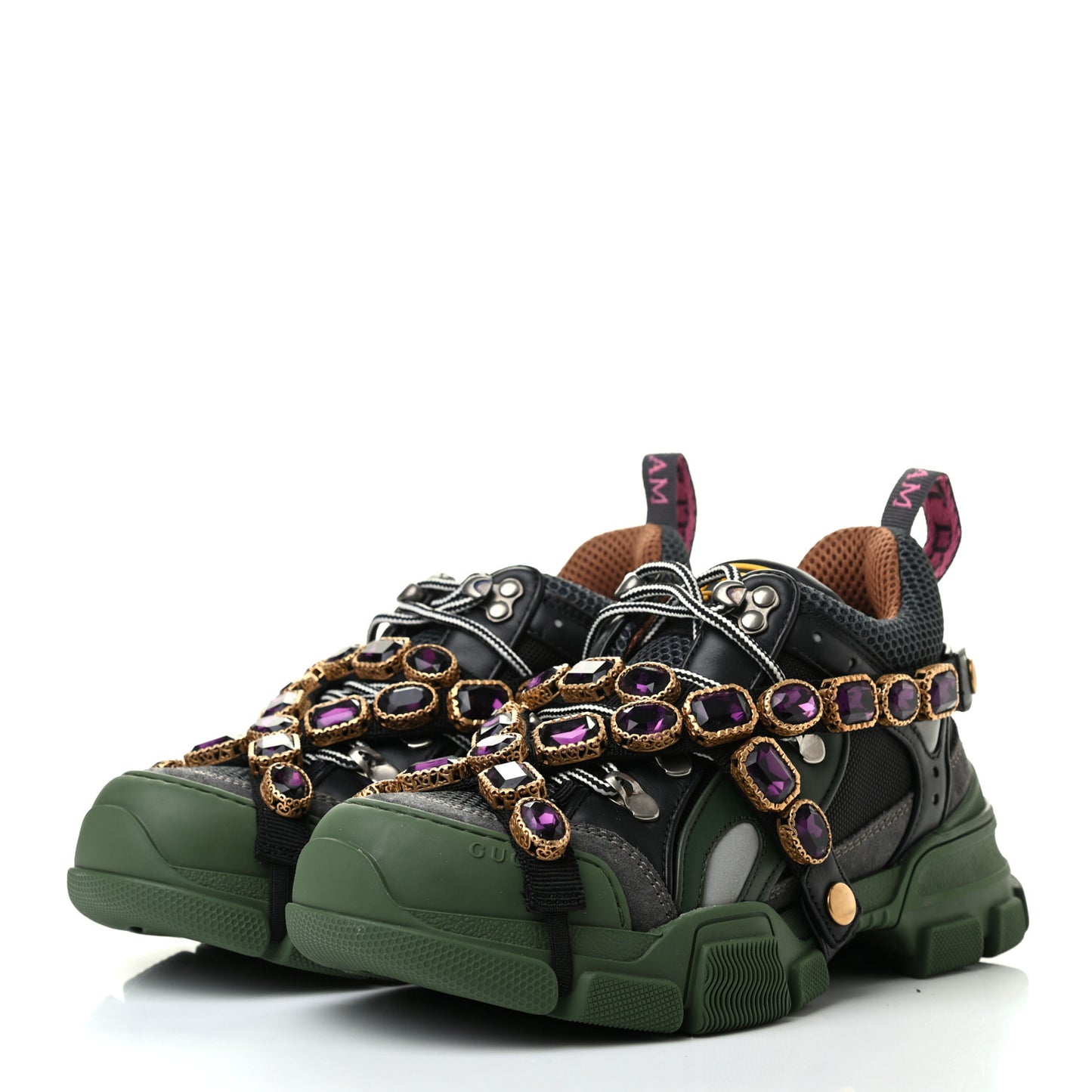 X SEGA Mesh Suede Calfskin Removable Crystals Flashtrek Sneakers 37.5 Loess Black Olive Green