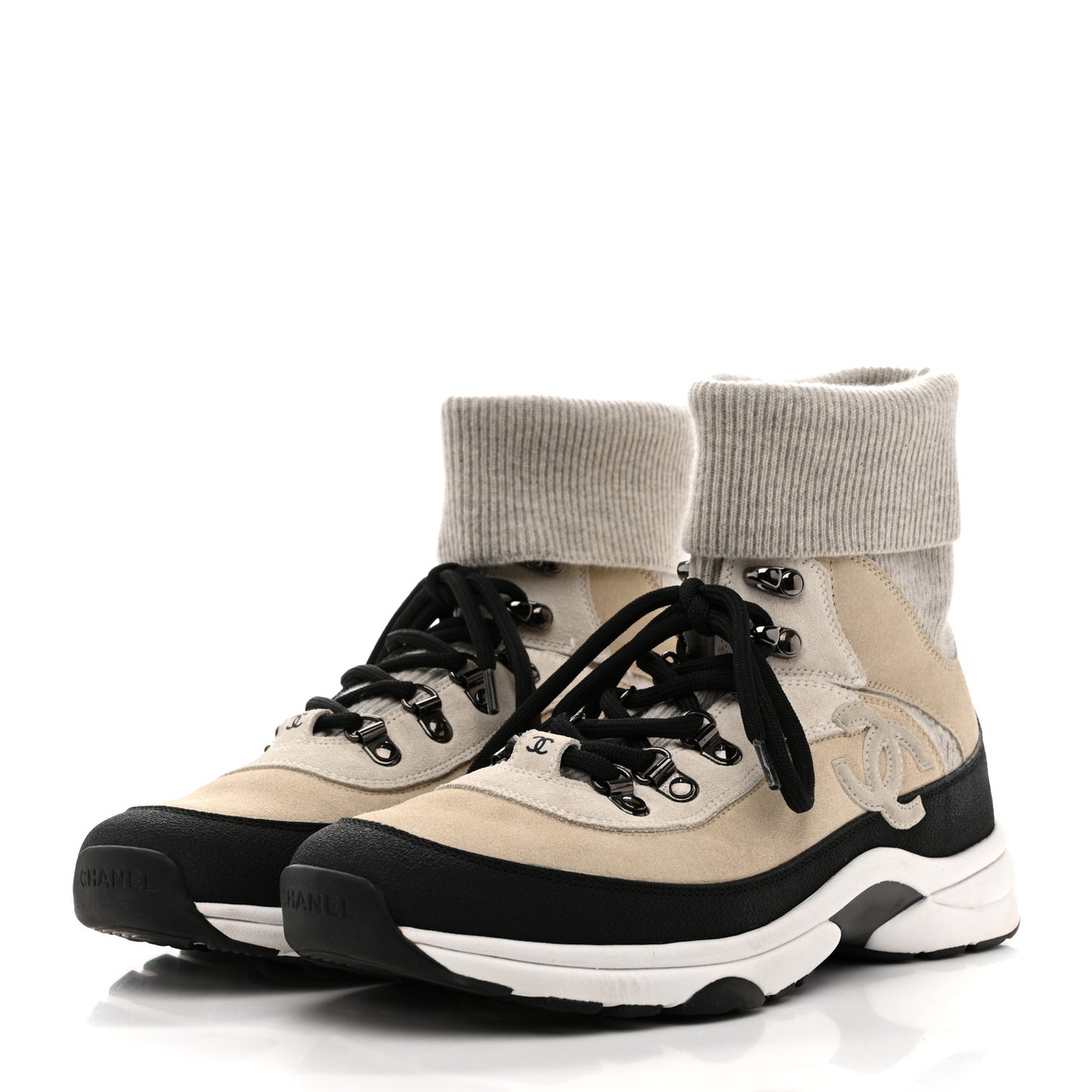 Suede Calfskin Knit CC High Top Lace Up Sneakers 40 Ivory Light Gray