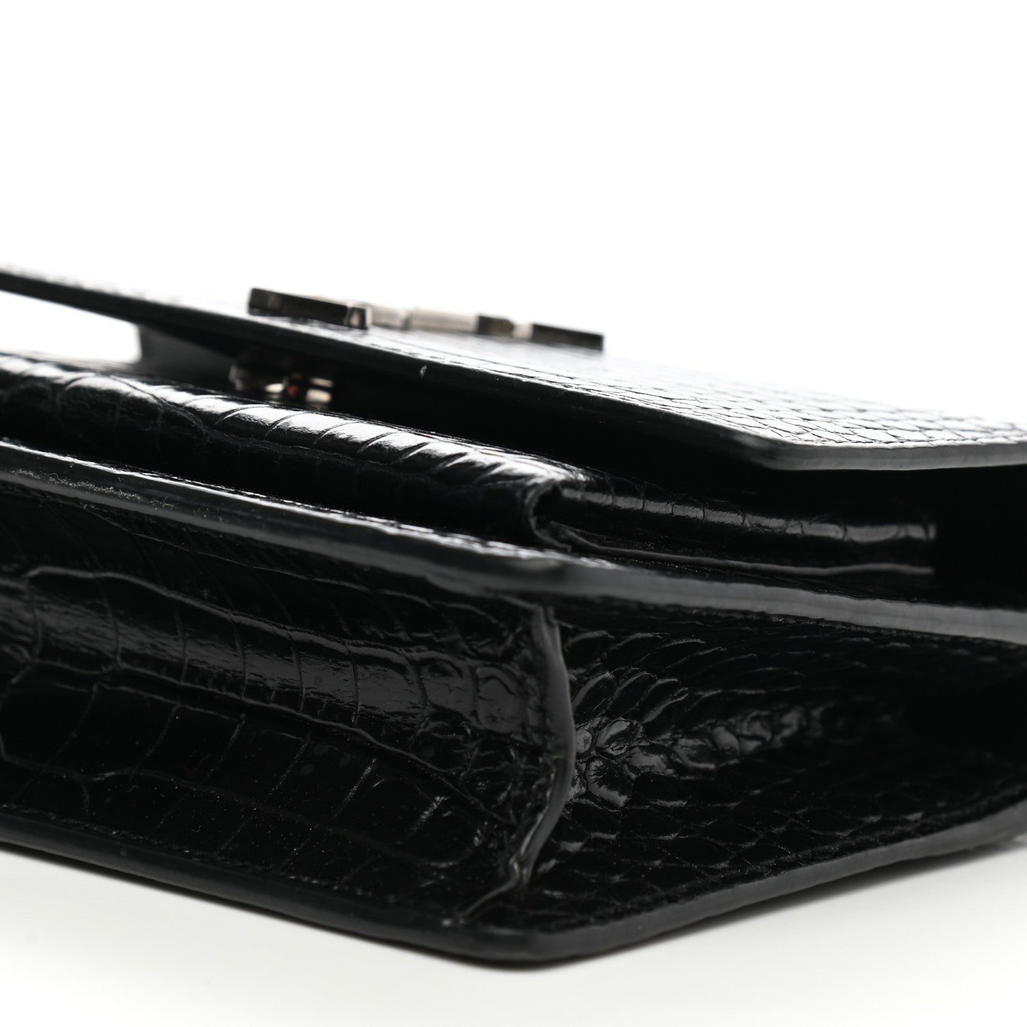 Saint Laurent Calfskin Crocodile Embossed Monogram Sunset Chain Wallet Black 9 of 10