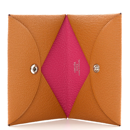Hermes Chevre Mysore Verso Calvi Card Case Caramel Rose Shocking 5 of 8