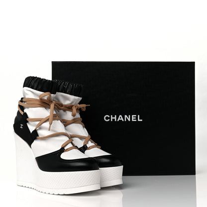 Chanel Patent Calfskin Runway Wedge Short Platform Boots 39.5 Black White Beige 8 of 8