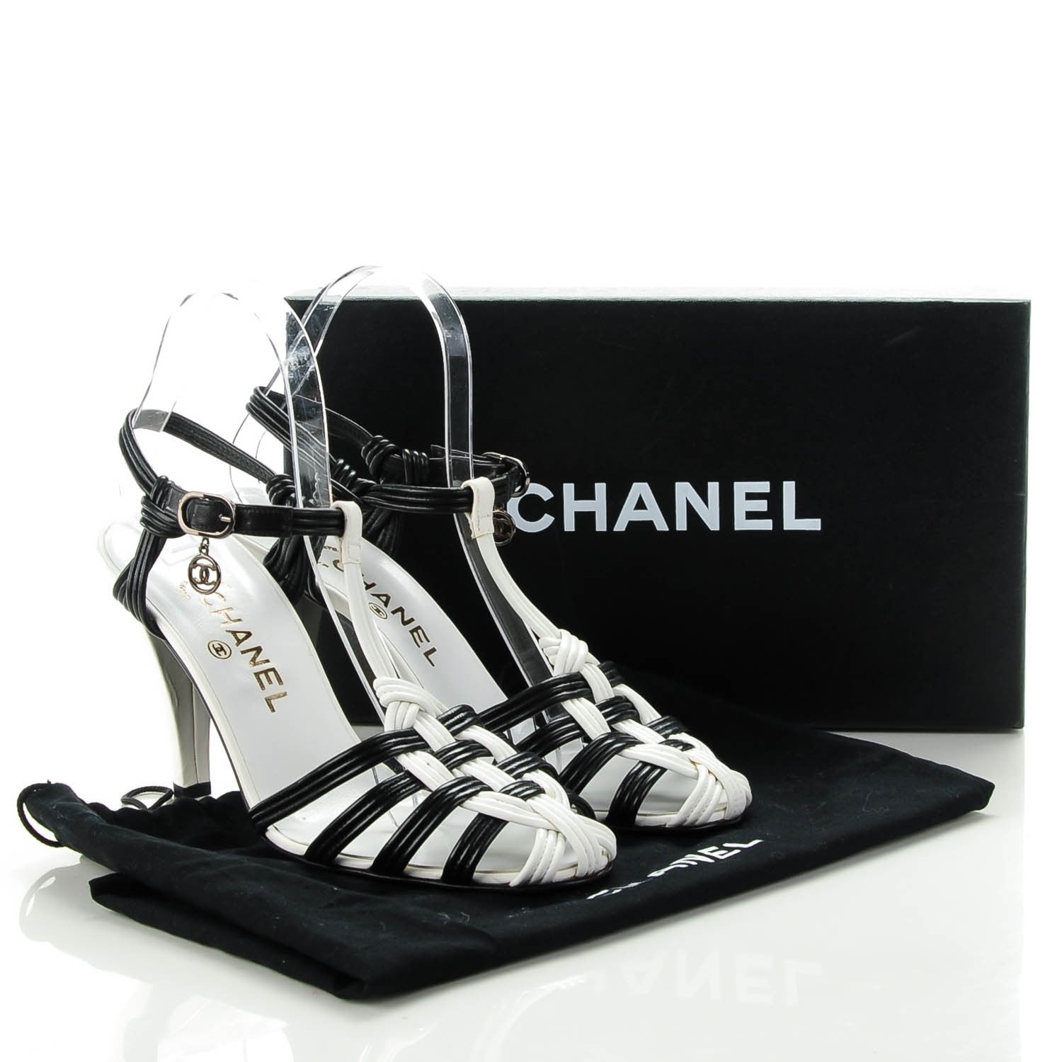 Chanel Lambskin Sandals Heels 38.5 White Black 5 of 7