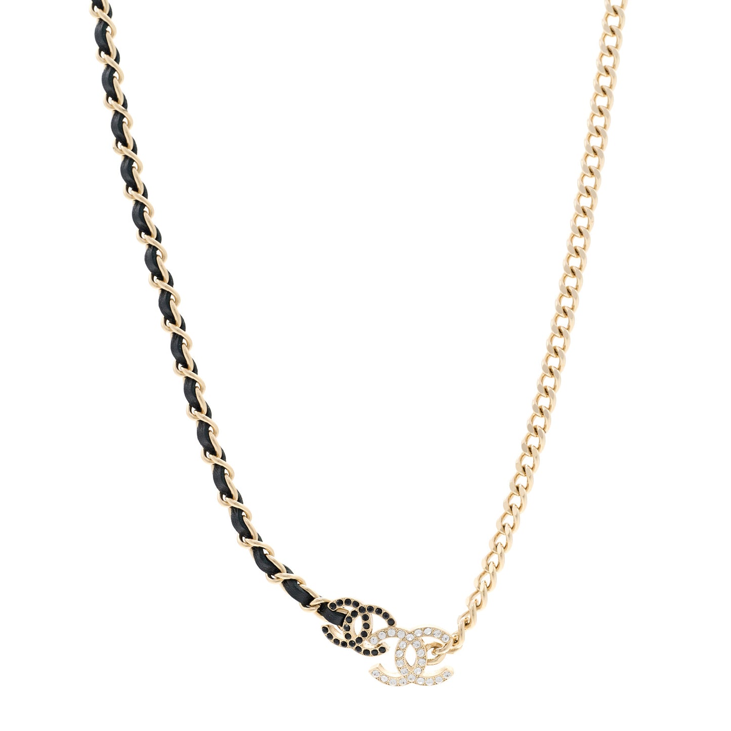 Metal Calfskin Crystal Double CC Short Necklace Black Gold