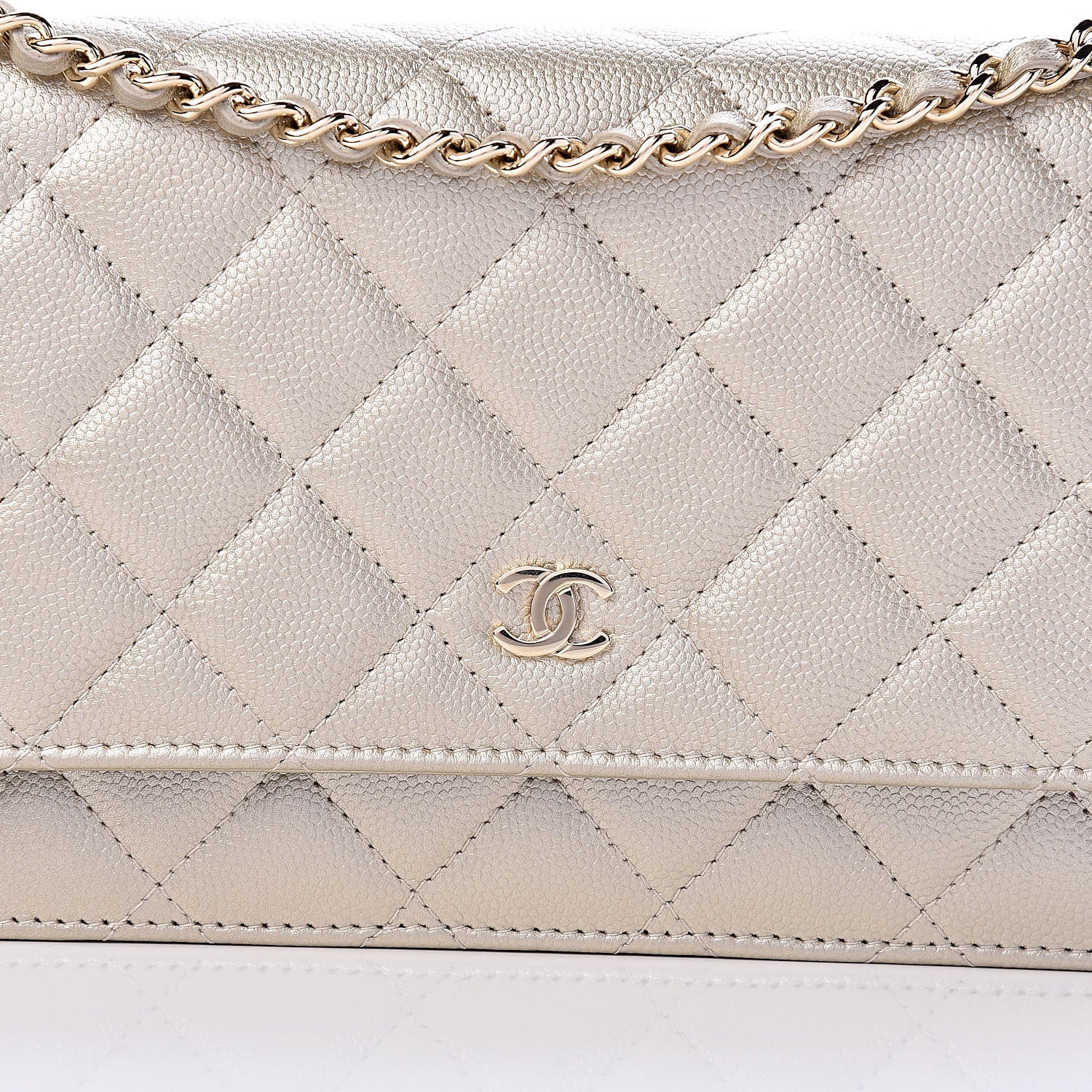 Chanel Pearly Caviar Quilted Wallet On Chain WOC Light Gold 11 of 12