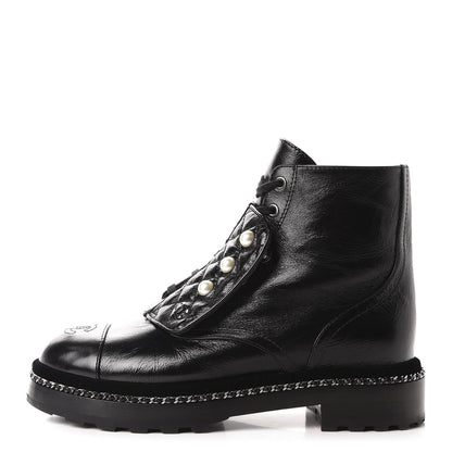 Chanel Crackled Calfskin Velvet Pearl Combat Short Boots 38.5 Black 1 of 9
