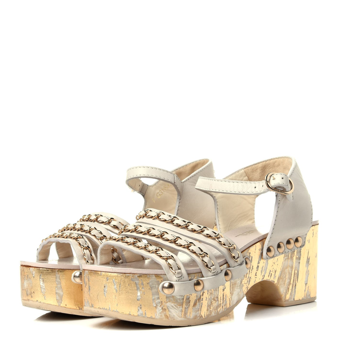 Calfskin Chain Wedge Sandals 36 White