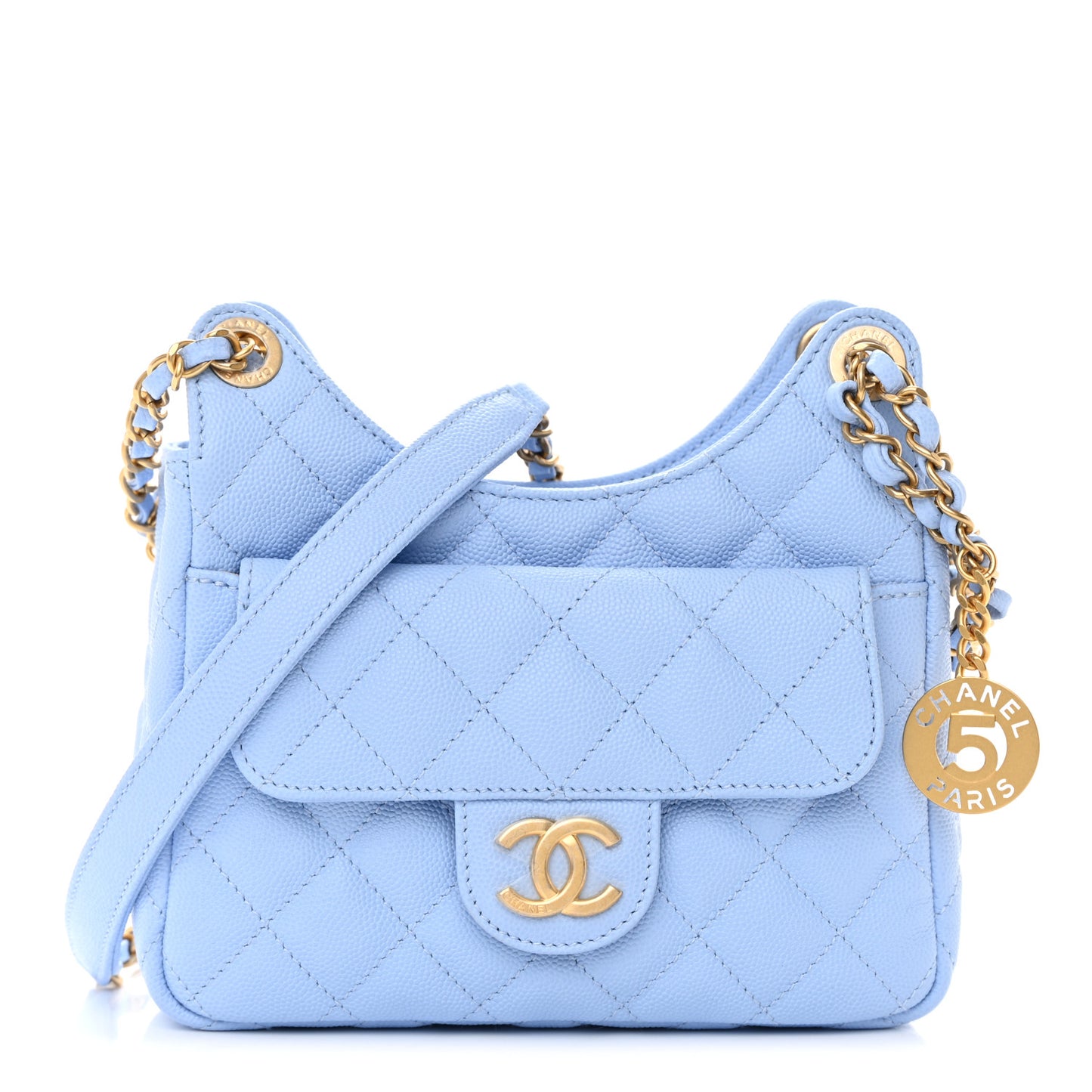 Caviar Quilted Small Wavy CC Hobo Light Blue