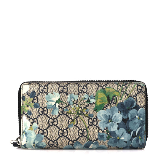 GG Supreme Monogram Blooms Zip Around Wallet Blue