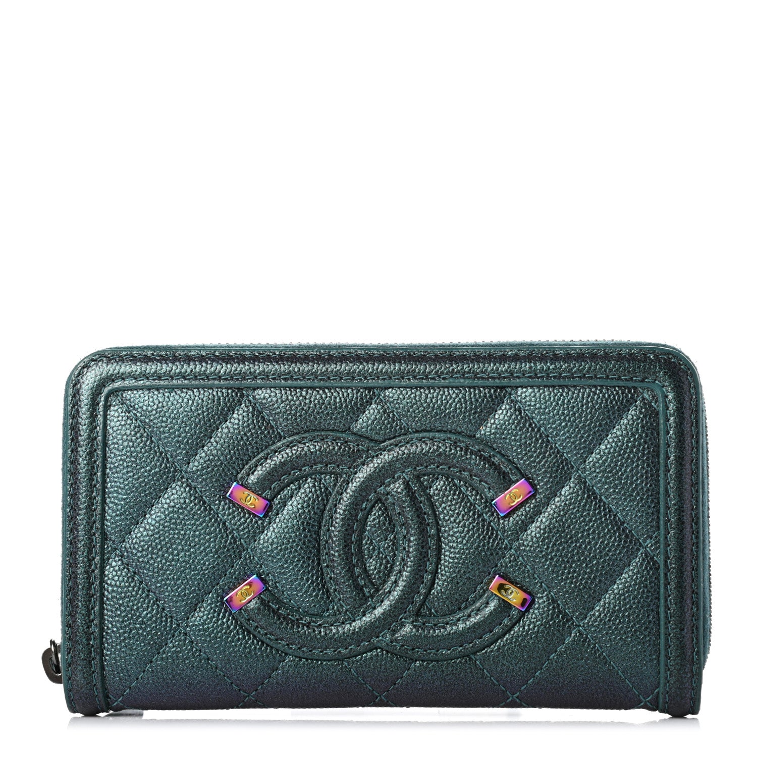 Chanel Iridescent Caviar Quilted Medium Filigree Zip Around Wallet Dark Turquoise 1 of 8