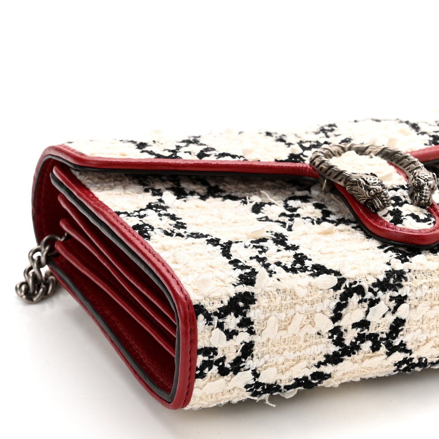 Tweed GG Monogram Mini Dionysus Chain Wallet White Black Romantic Cherry