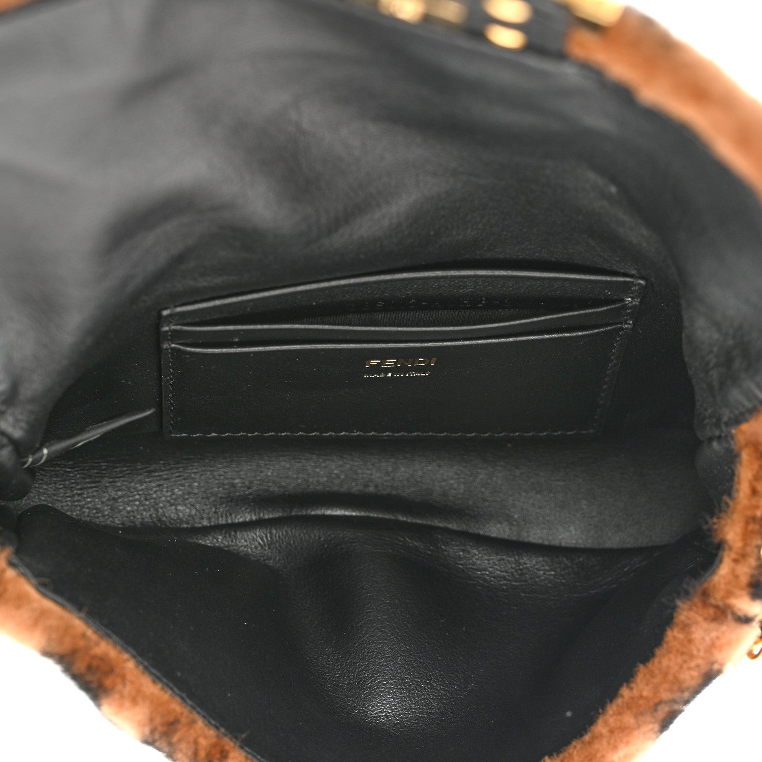 Fendi Shearling Vitello Dolce Macro FF 1974 Mini Baguette Tobacco Black 5 of 11