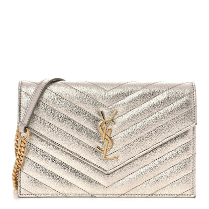 Saint Laurent Metallic Crackled Calfskin Matelasse Chevron Monogram Envelope Chain Wallet Gold 1 of 11