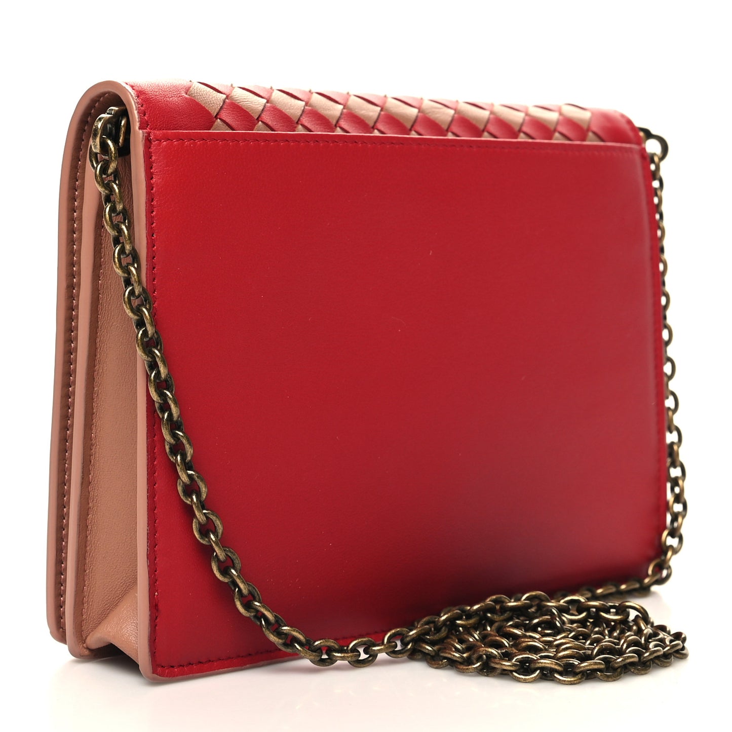 Nappa Intrecciato Checker Chain Wallet Beige Red