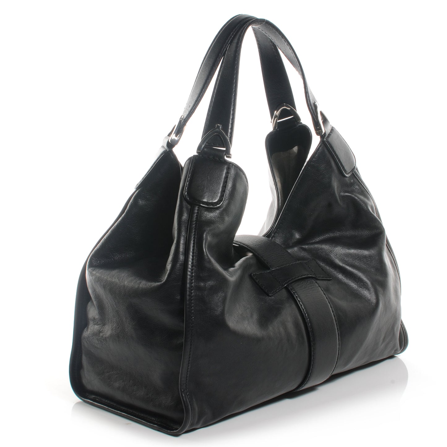 Washed Leather Medium Soft Stirrup Top Handle Bag Black