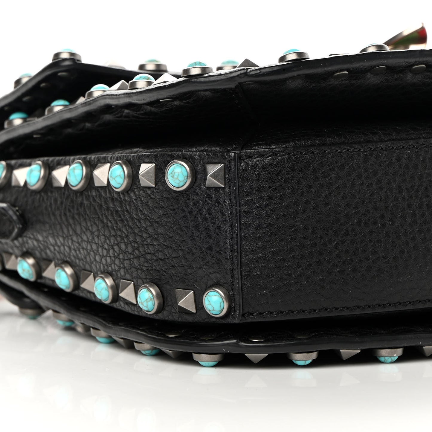 Calfskin Embroidered Medium Guitar Strap Rockstud Rolling Flap Saddle Bag Black
