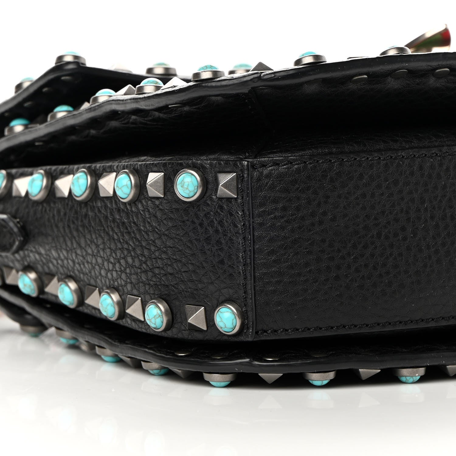 Valentino Garavani Calfskin Embroidered Medium Guitar Strap Rockstud Rolling Flap Saddle Bag Black 8 of 16