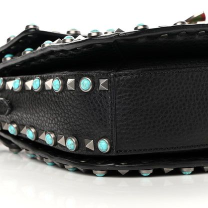 Valentino Garavani Calfskin Embroidered Medium Guitar Strap Rockstud Rolling Flap Saddle Bag Black 8 of 16