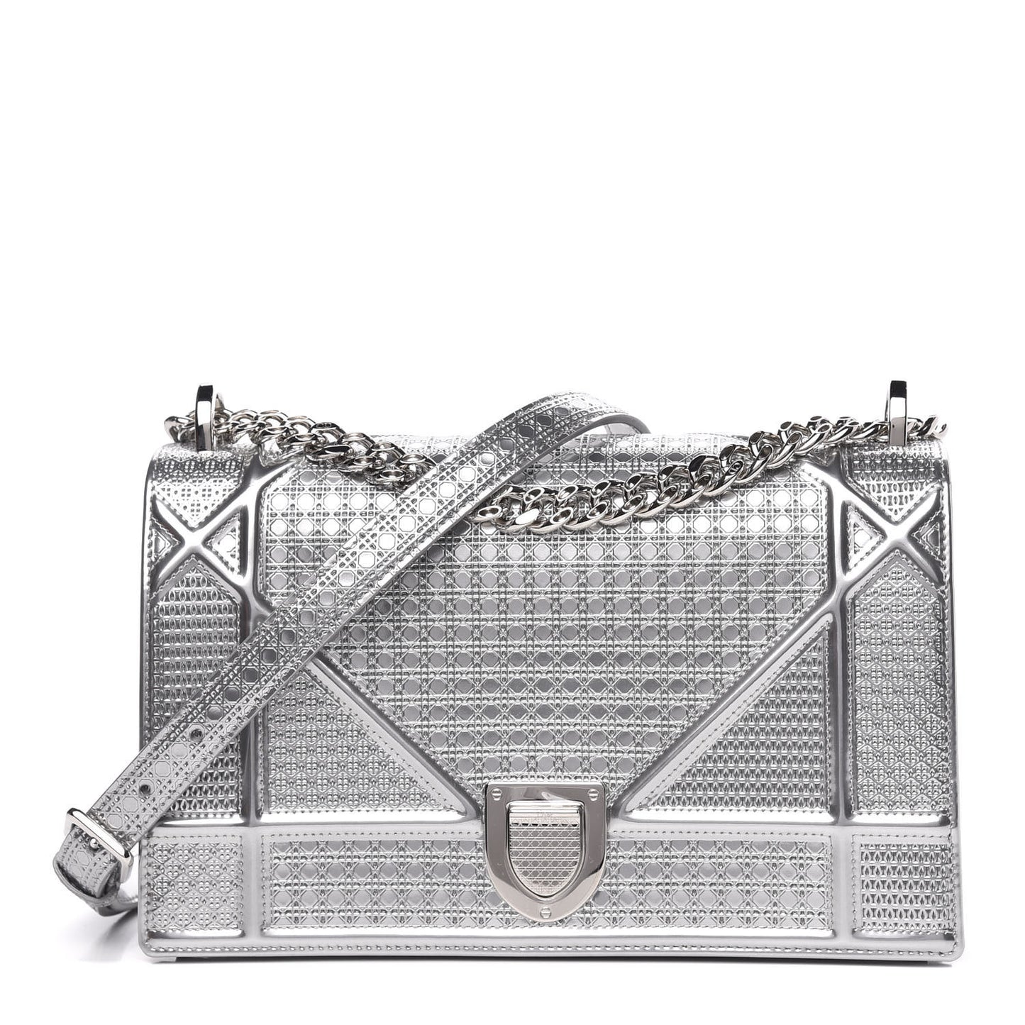 Metallic Patent Micro-Cannage Medium Diorama Flap Bag Silver