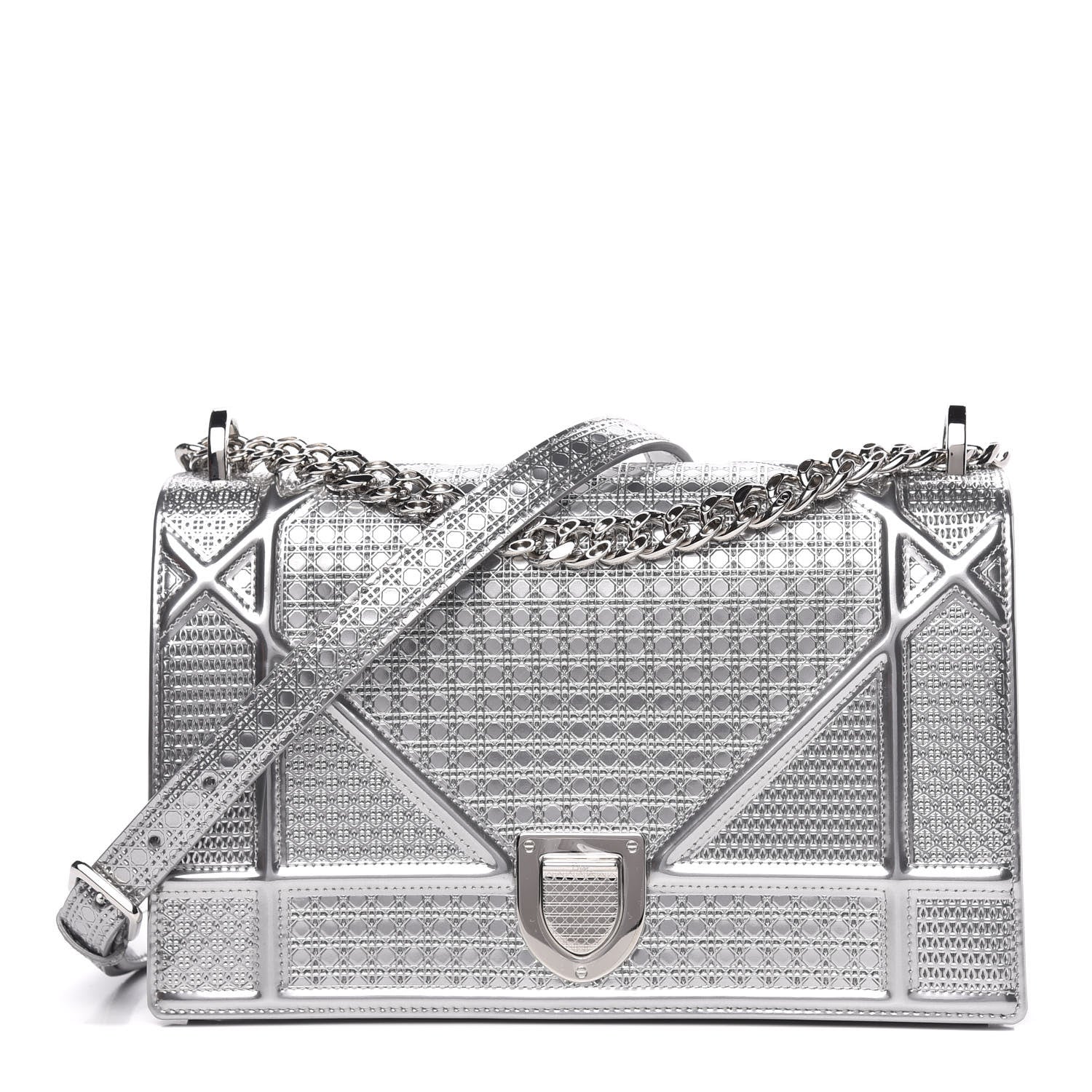 Christian Dior Metallic Patent Micro-Cannage Medium Diorama Flap Bag Silver 1 of 10