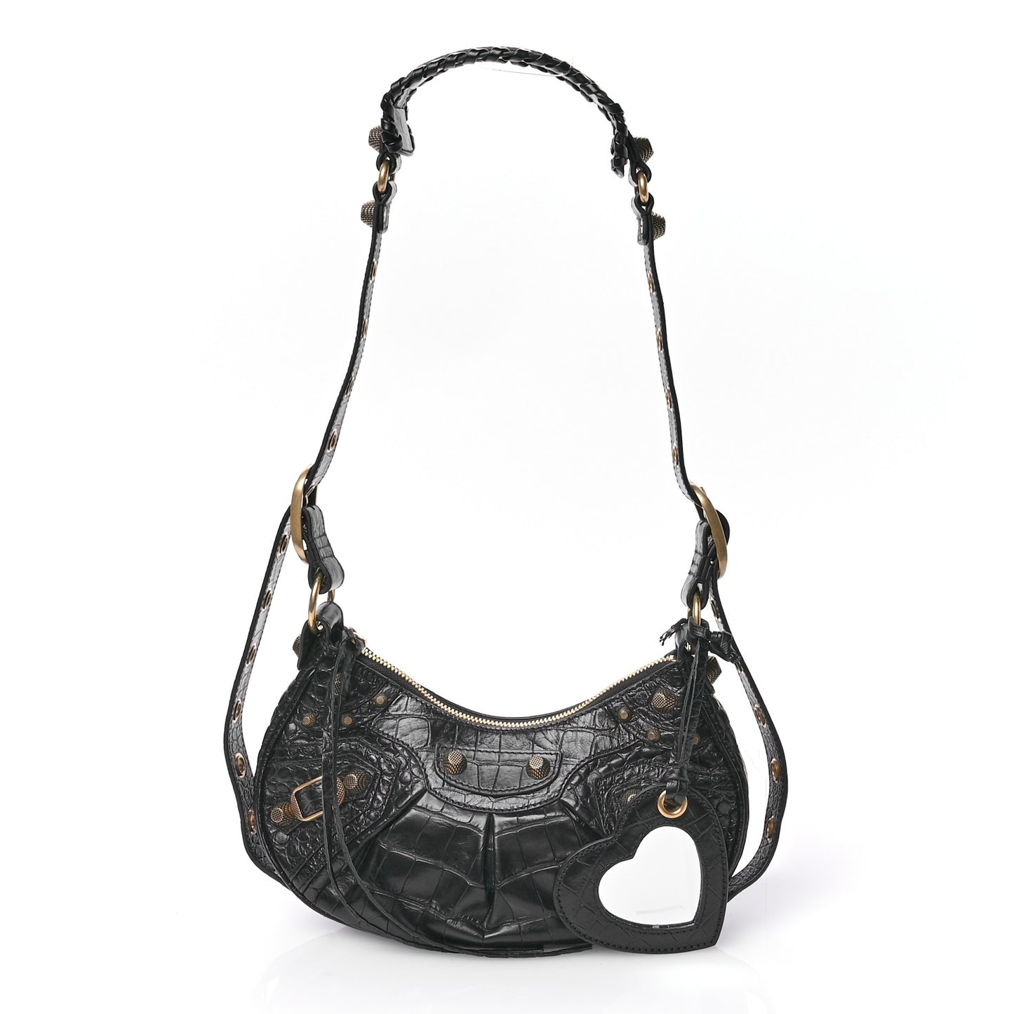 Extra Supple Calfskin Crocodile Embossed Le Cagole Shoulder Bag XS Black