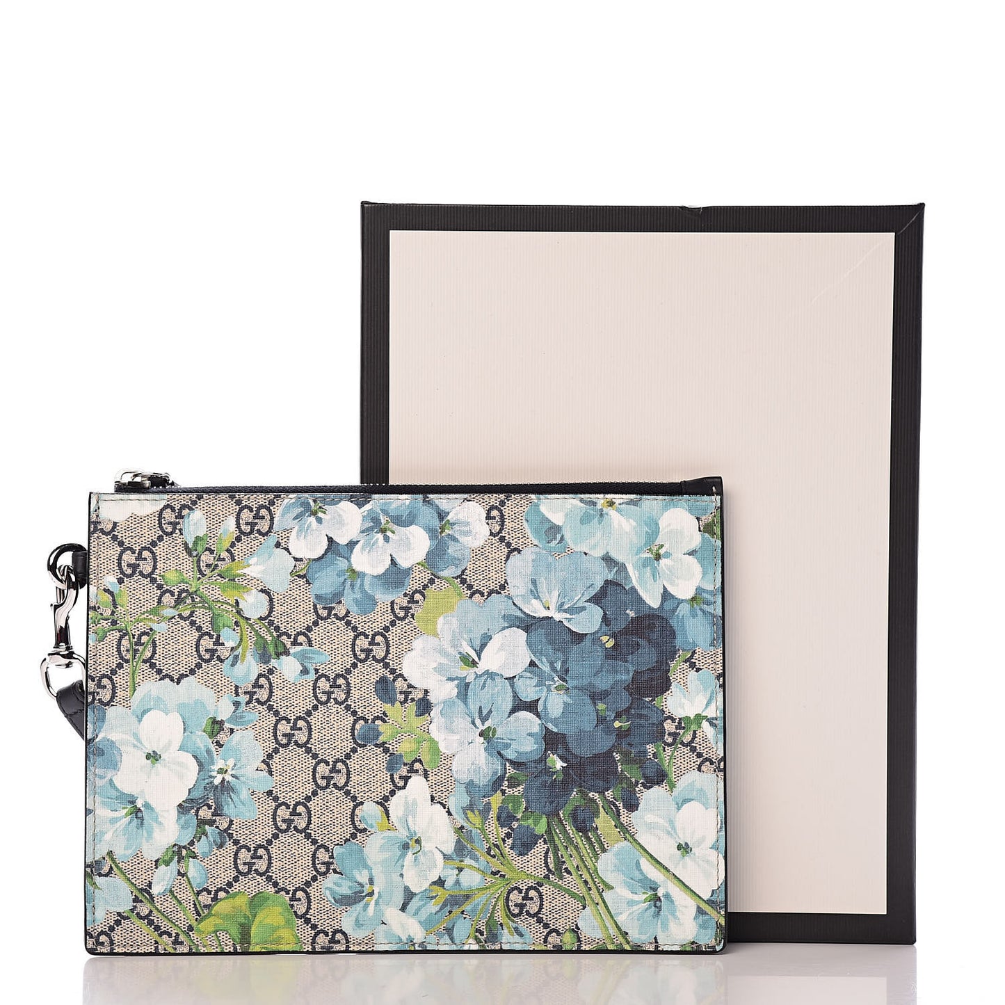 GG Supreme Monogram Blooms Small Zip Wristlet Pouch Beige Blue Black