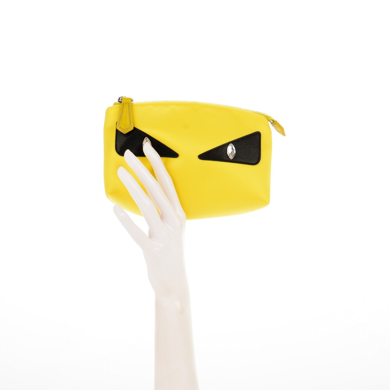 Fendi Nylon Vitello Elite Crystal Eye Monster Large Cosmetic Pouch Yellow 2 of 8