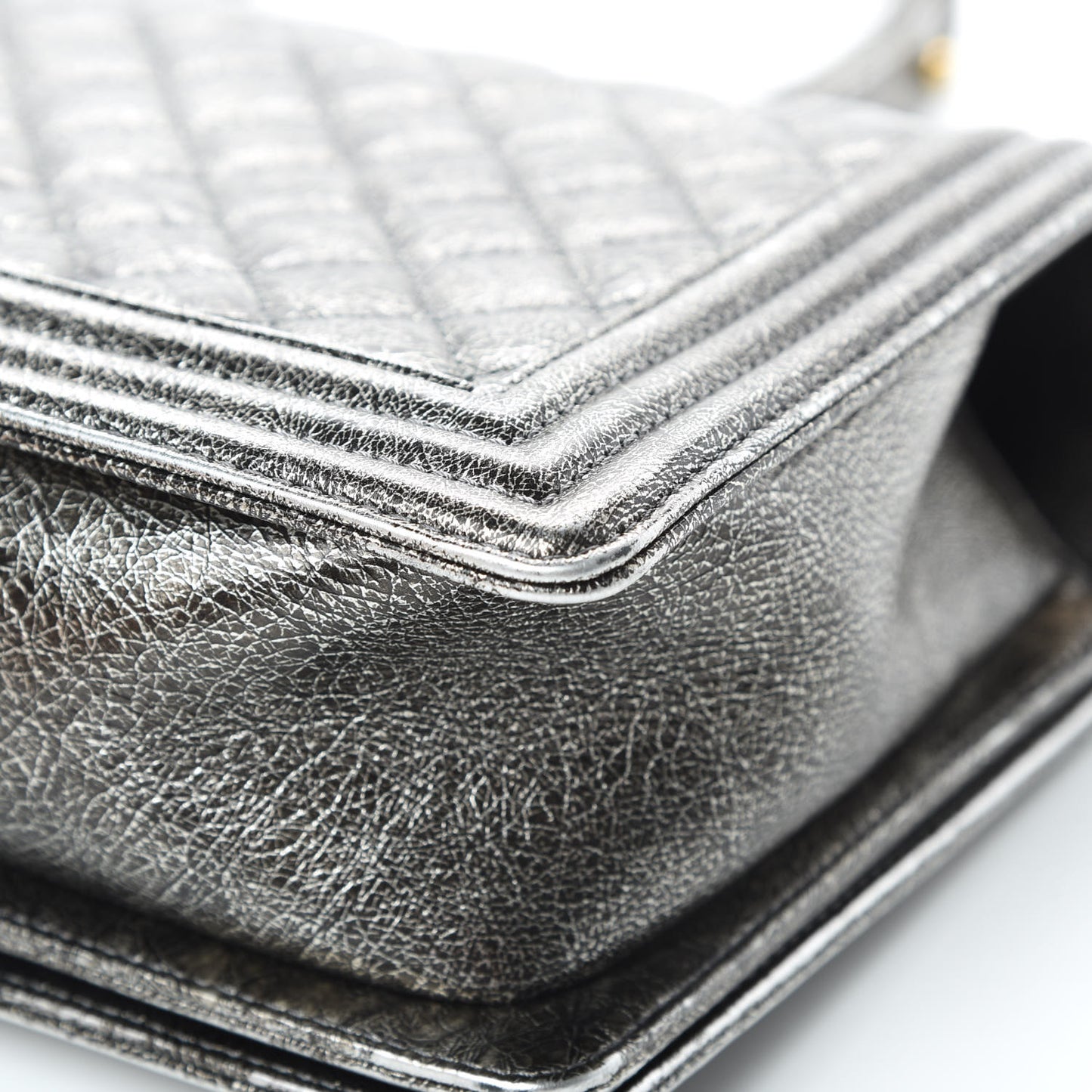 Cracked Metallic Calfskin Quilted New Medium Boy Flap Silver